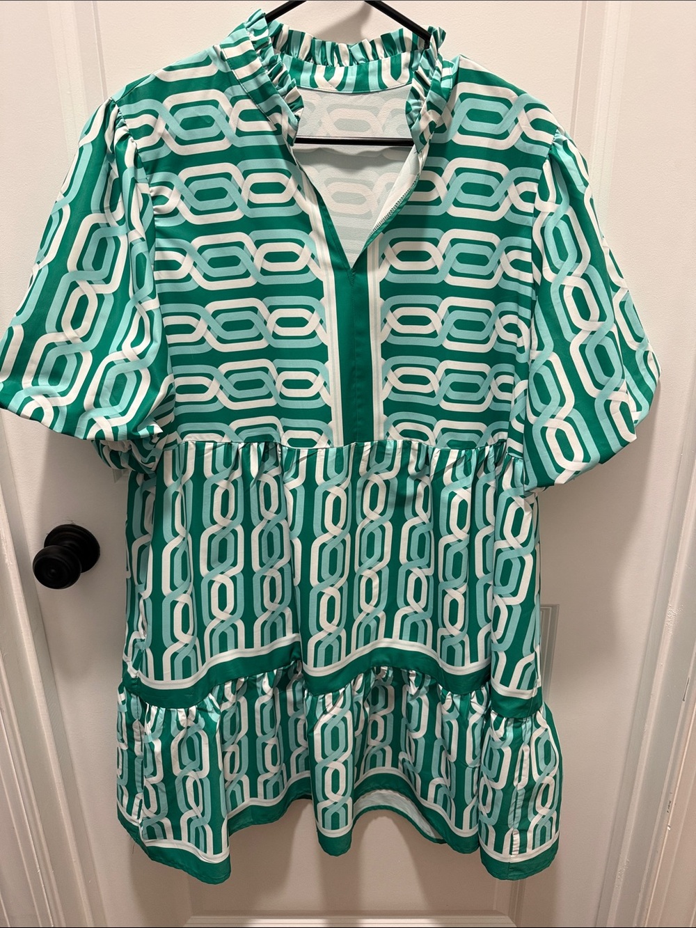 Boutique Green Geometric Print Tiered Dress